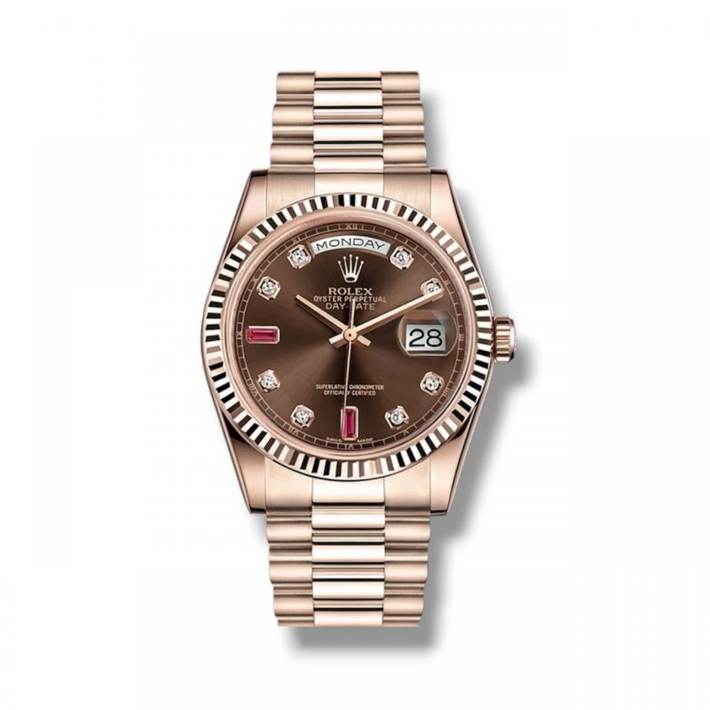 Rolex Day-Date 36 Rose Gold Chocolate Diamond and Ruby Dial